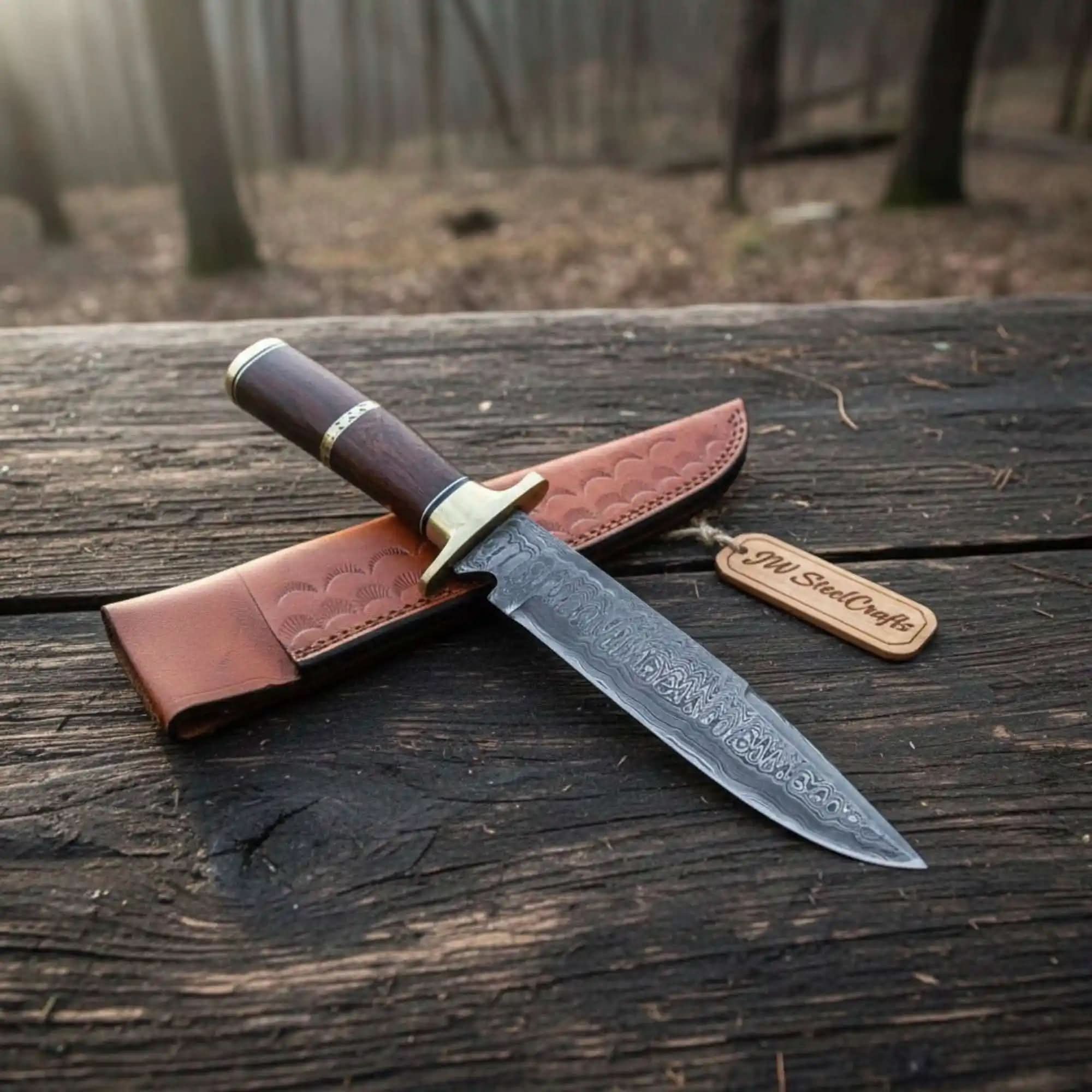 Sheffield Clip Point Damascus Bowie Knife with Rosewood Handle by JW SteelCrafts, Damascus knife main product photo