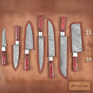 7-Piece Damascus Kitchen Knife Set - Complete Essential Blade Collection with Leather Roll