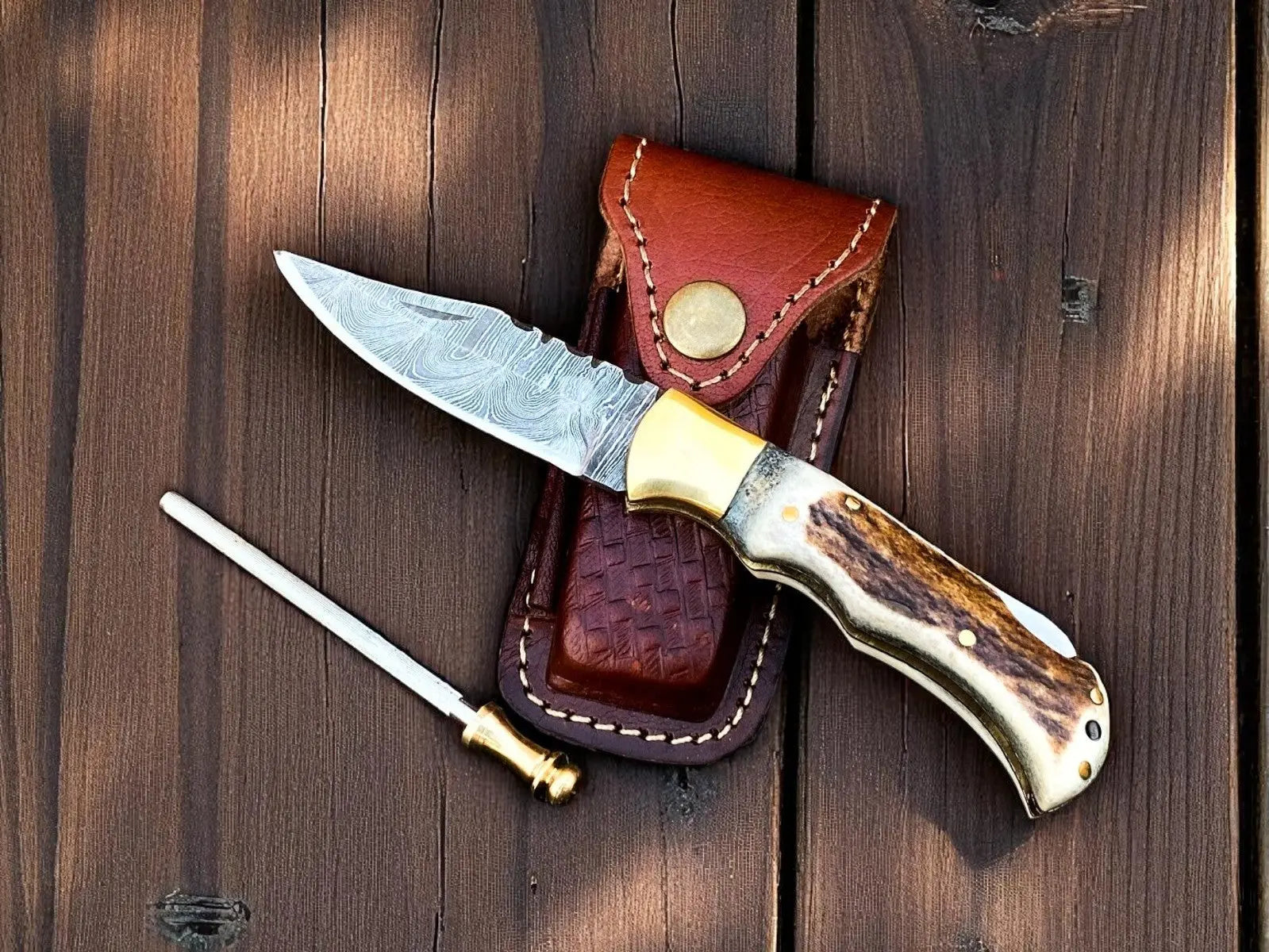 cowboy Pocket Knife | Antler Horn Handle with damascus blade Damascus Knife Store