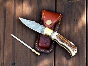 cowboy Pocket Knife | Antler Horn Handle with damascus blade Damascus Knife Store