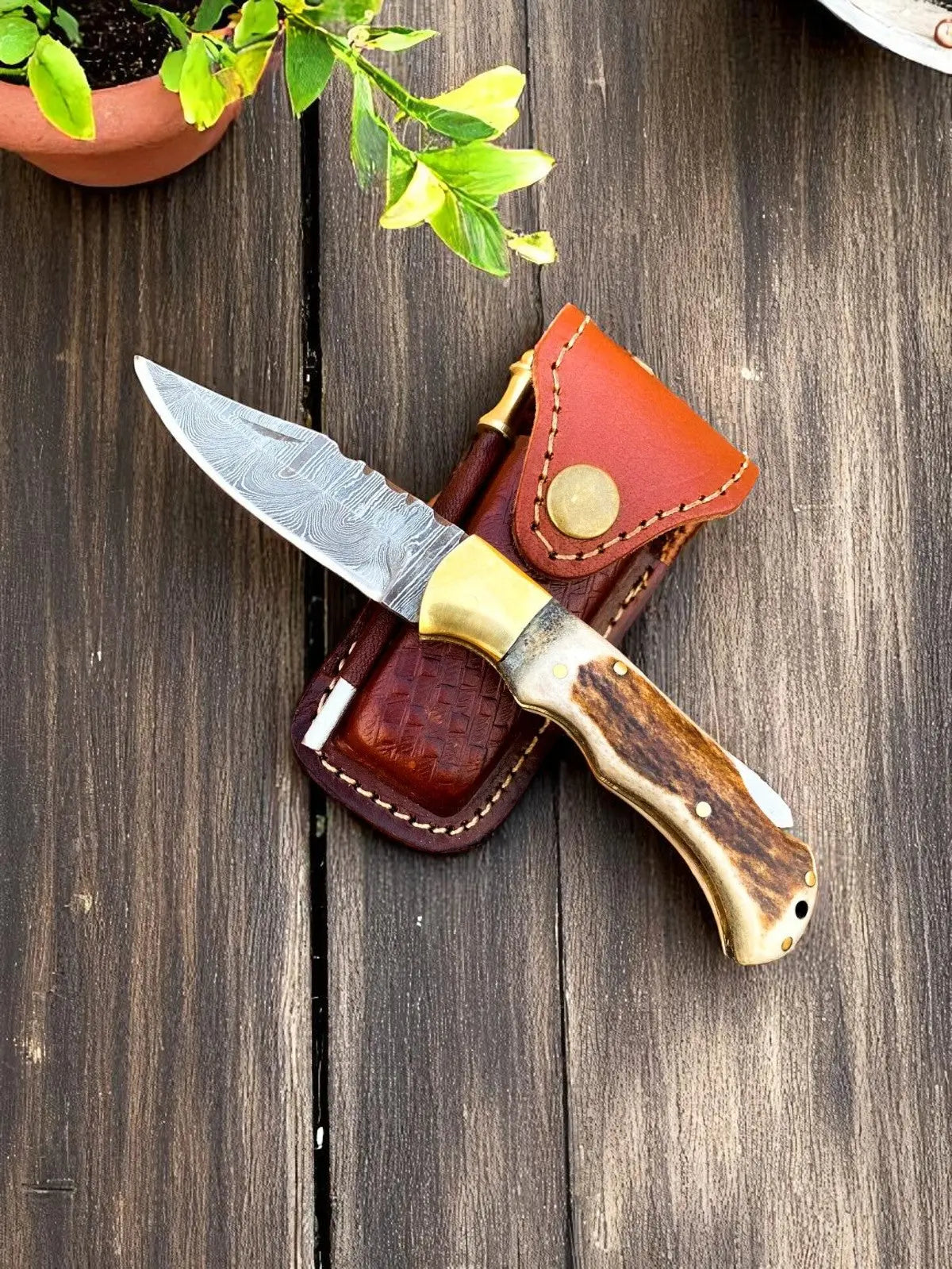 cowboy Pocket Knife | Antler Horn Handle with damascus blade Damascus Knife Store