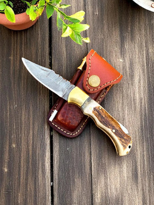 cowboy Pocket Knife | Antler Horn Handle with damascus blade Damascus Knife Store