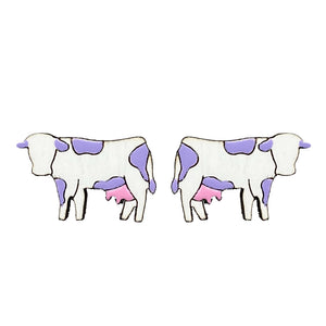 Additional view of Cow Stud Earrings, 2 Colors Available hand painted on lightweight wood by LE CHIC MIAMI