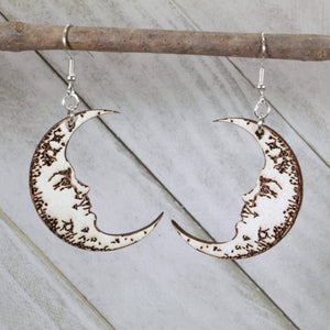 Crescent Moon Face Wooden Dangle Earrings | Celestial Jewelry