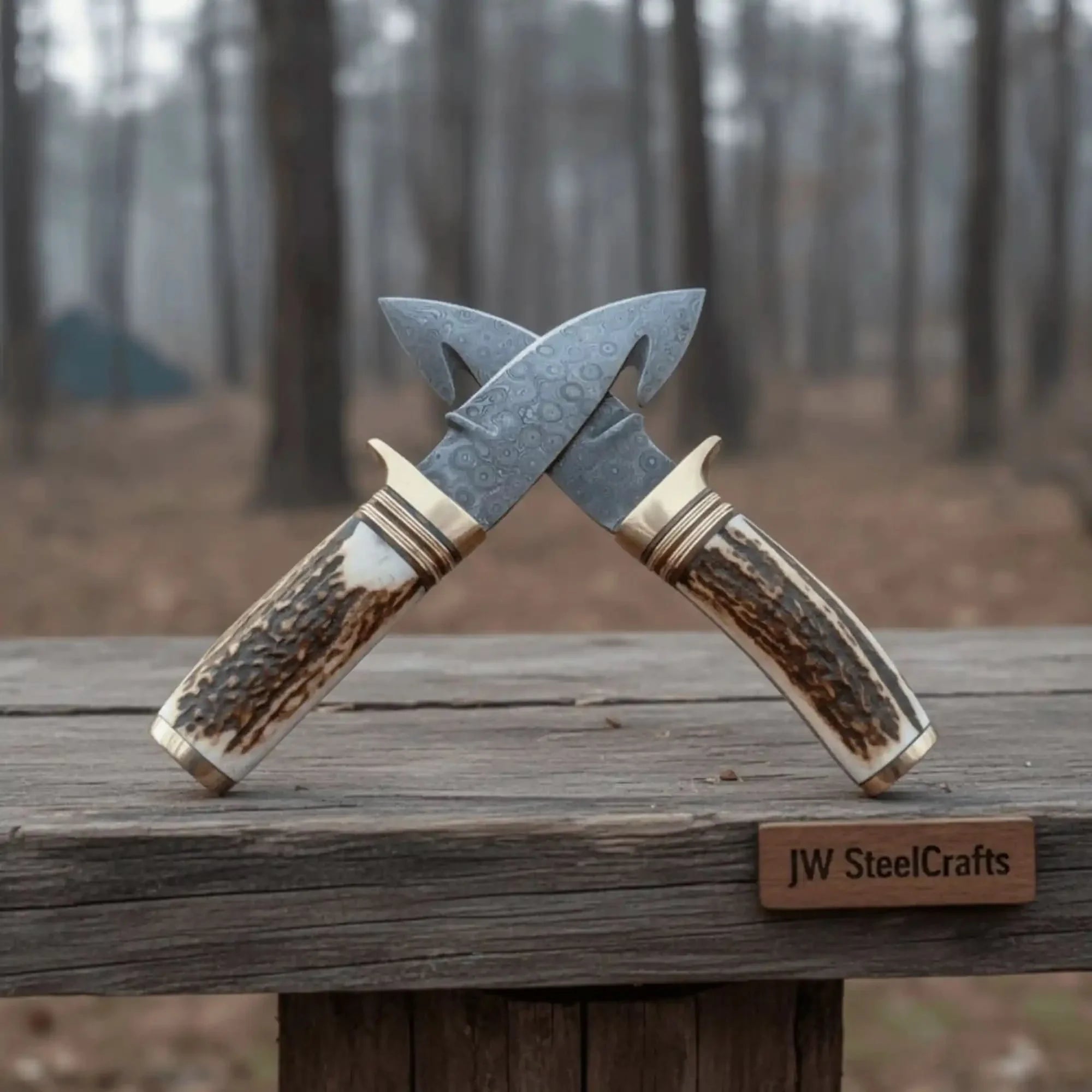 Gut Hook Skinner Knives Pair stag handle by JW SteelCrafts, Southern home decor detail photo 2