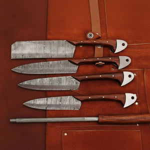 4-Piece Handmade Damascus Kitchen Knife Set – Rosewood Handles, Steel Bolsters & Brass Pins | Chef, Santoku, Cleaver & Utility | Leather Roll & Honing Rod Included