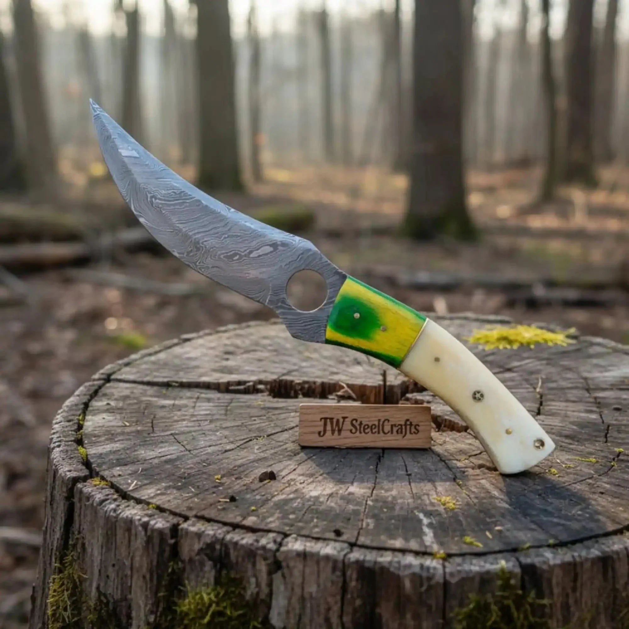 Damascus Hunting Knife 8.5” Fixed Blade by JW SteelCrafts, Damascus knife main product photo