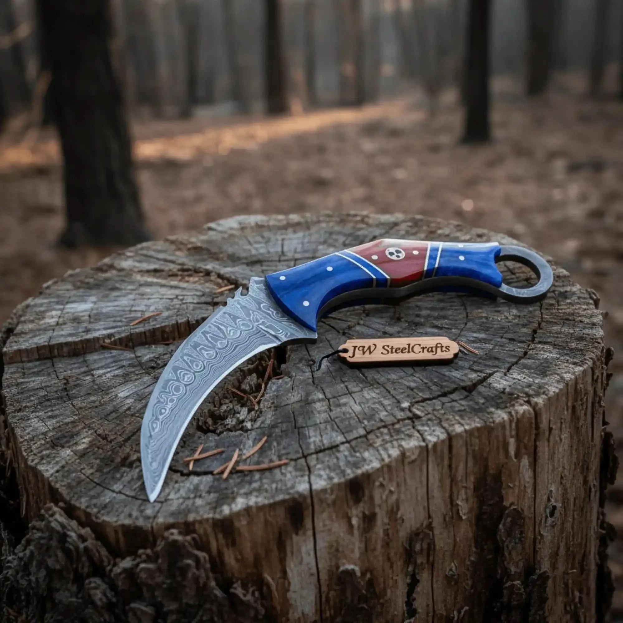 Damascus Karambit Knife with Blue Wood Handle, Finger Ring, and Sheath by JW SteelCrafts, leather knife sheath main product photo