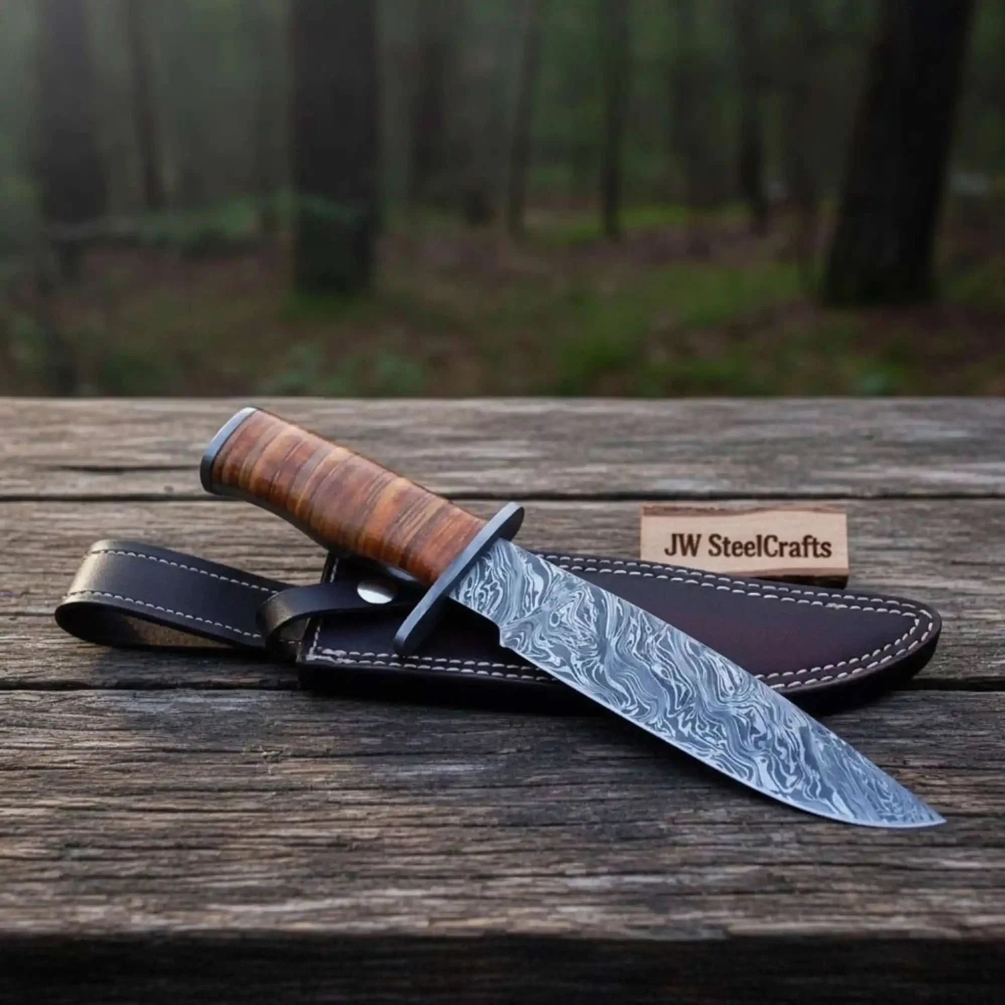Custom Damascus Utility Bowie Knife Handmade by JW SteelCrafts, Damascus knife main product photo
