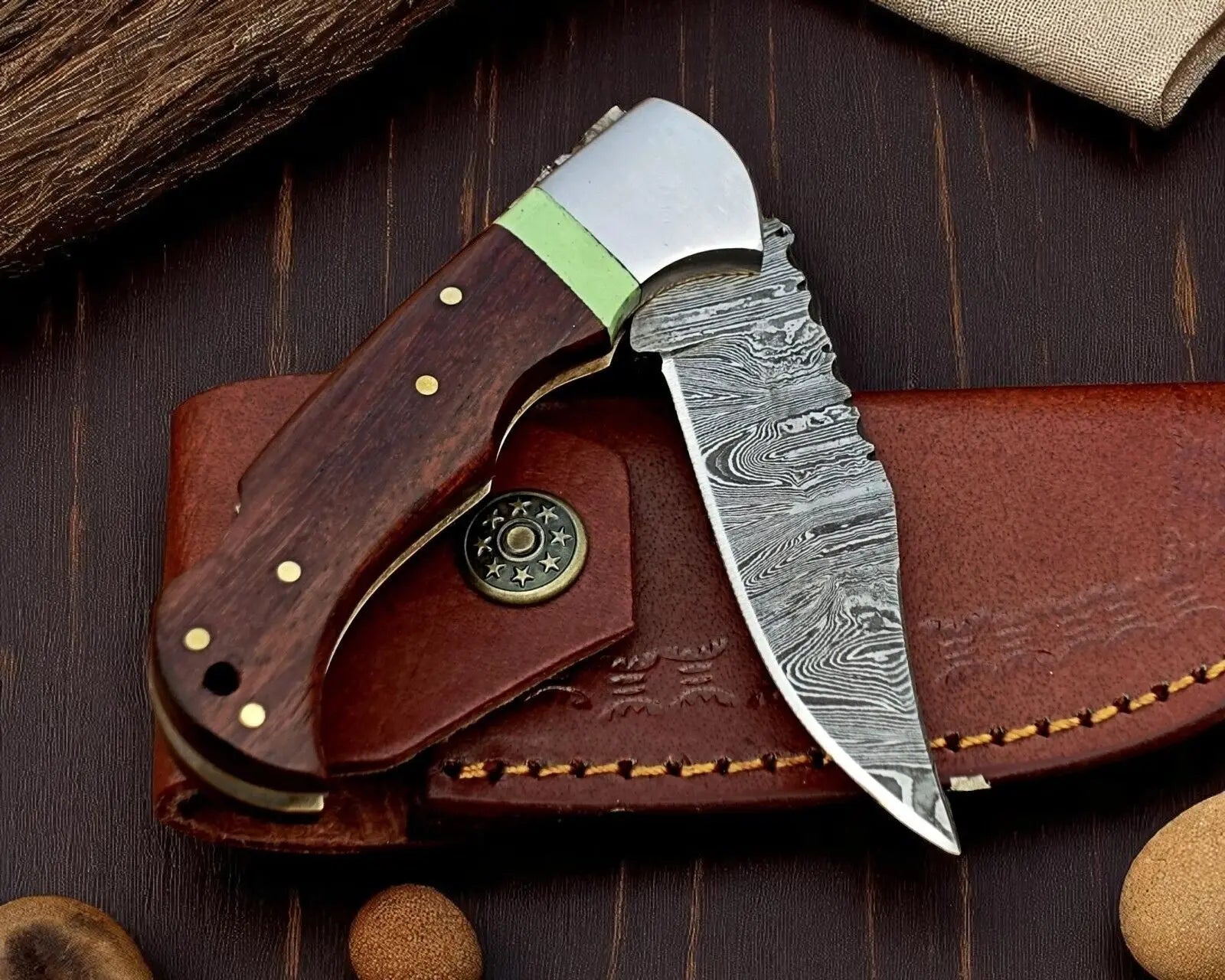 Custom folding Knives - Rosewood Back Lock 3" Blade by Damascus Knife Store, Southern handmade gift main product photo