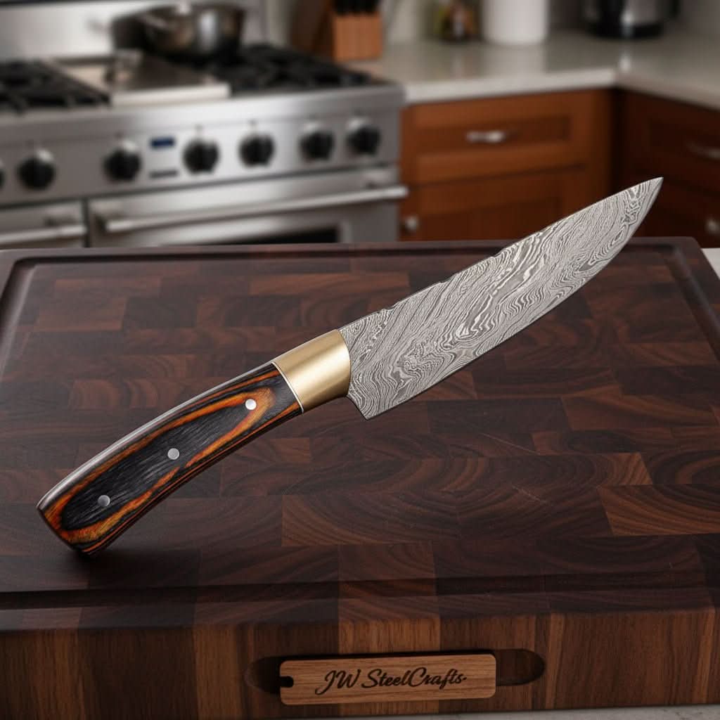Custom Hand Forged Damascus Steel Chef Knife Wood And Brass Handle by JW SteelCrafts, Damascus knife detail photo 2