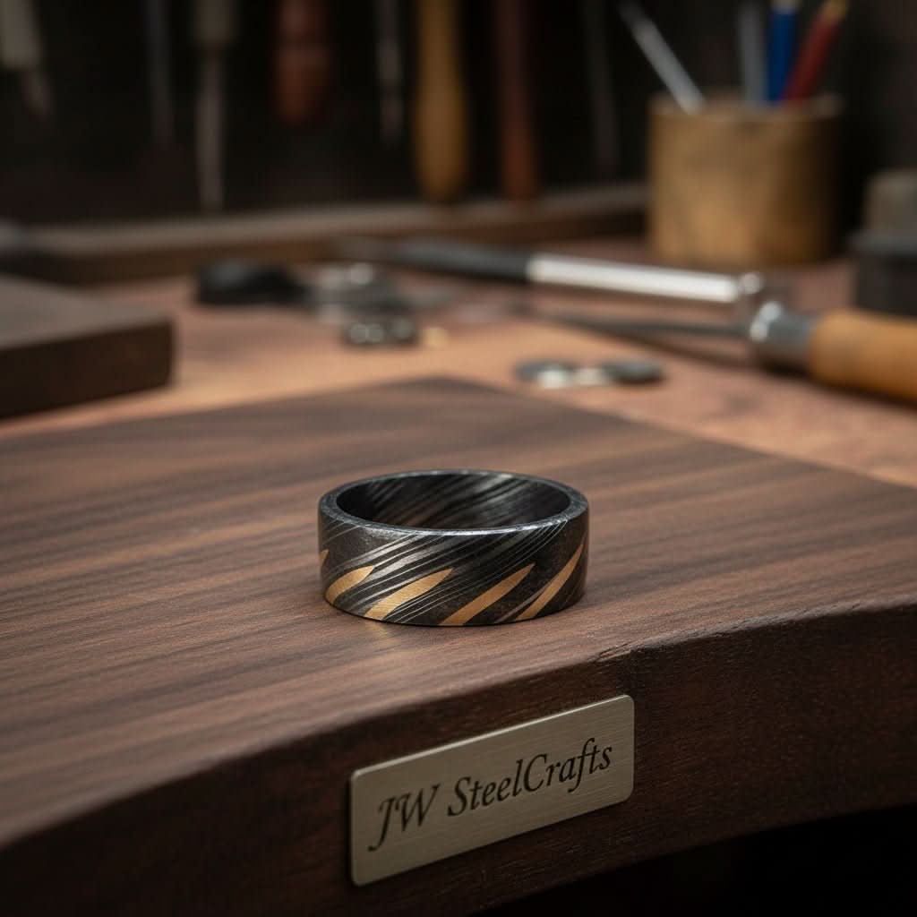 Mens Damascus Steel Wedding Band with Diagonal Brass Inlay Design by JW SteelCrafts, Southern home decor detail photo 2