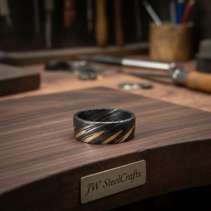 Mens Damascus Steel Wedding Band with Diagonal Brass Inlay Design