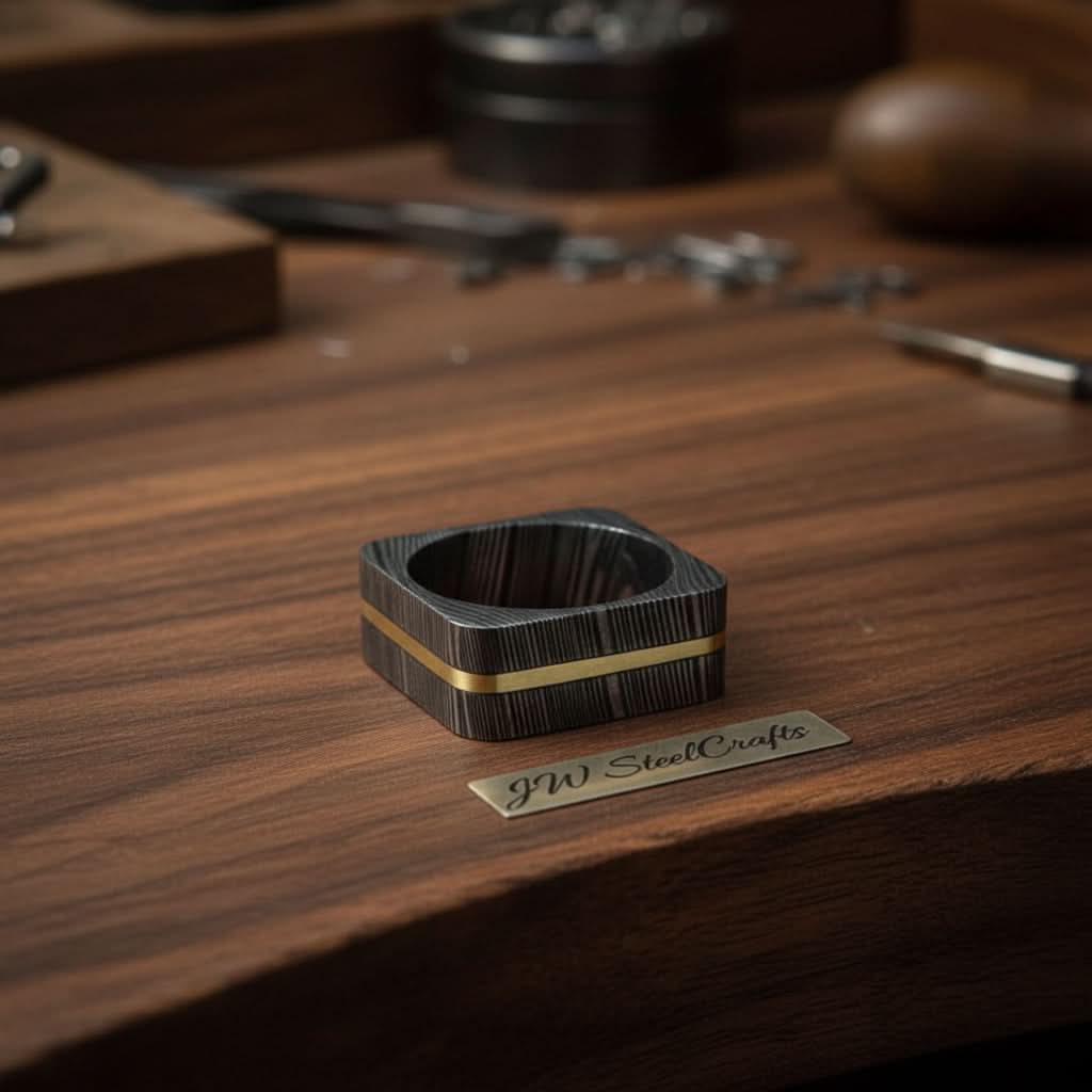 Square Damascus Steel Ring With Brass Inlay Handmade Mens Band by JW SteelCrafts, handmade jewelry main product photo