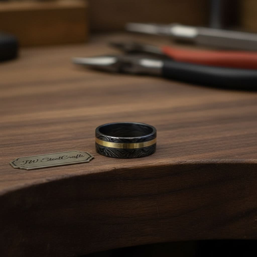 Mens Damascus Steel Wedding Band With Brass Inlay Handmade Ring by JW SteelCrafts, handmade jewelry detail photo 2