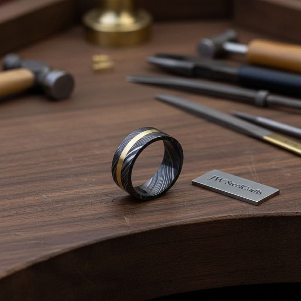 Mens Damascus Steel Wedding Band With Brass Inlay Handmade Ring by JW SteelCrafts, handmade jewelry main product photo