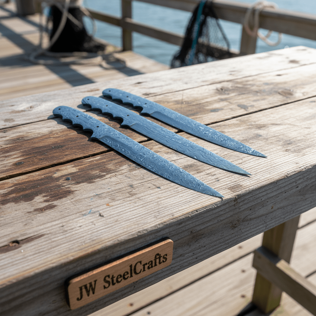 Custom Handmade Damascus Steel Fillet Knife Blank Blades Set of 3 – Full Tang Twist Pattern Flexible Fillet Knife Blanks for Custom Handle Making JW S by JW SteelCrafts, Damascus