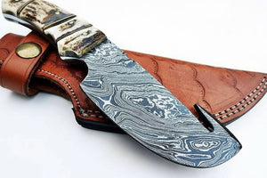 9' Handmade Damascus Skinner Knife with Stag Bone Handle and Gut Hook Blade