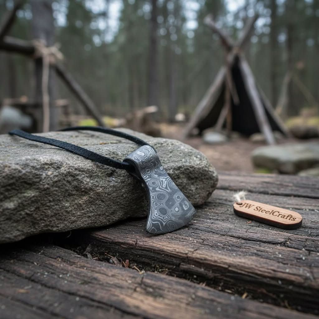 Custom Handmade Damascus Steel Viking Axe Pendant / Perfect gift DE-0011 by JW SteelCrafts, handmade jewelry main product photo