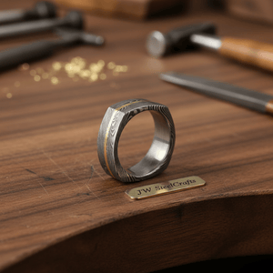 Damascus Steel Wedding Ring Faceted Band with Brass Inlay