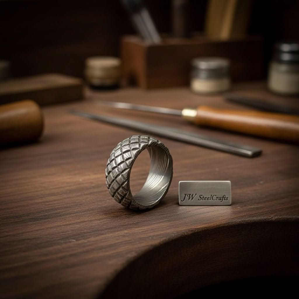 Mens Damascus Steel Wedding Band Basket Weave Pattern Handmade Ring by JW SteelCrafts, handmade jewelry main product photo