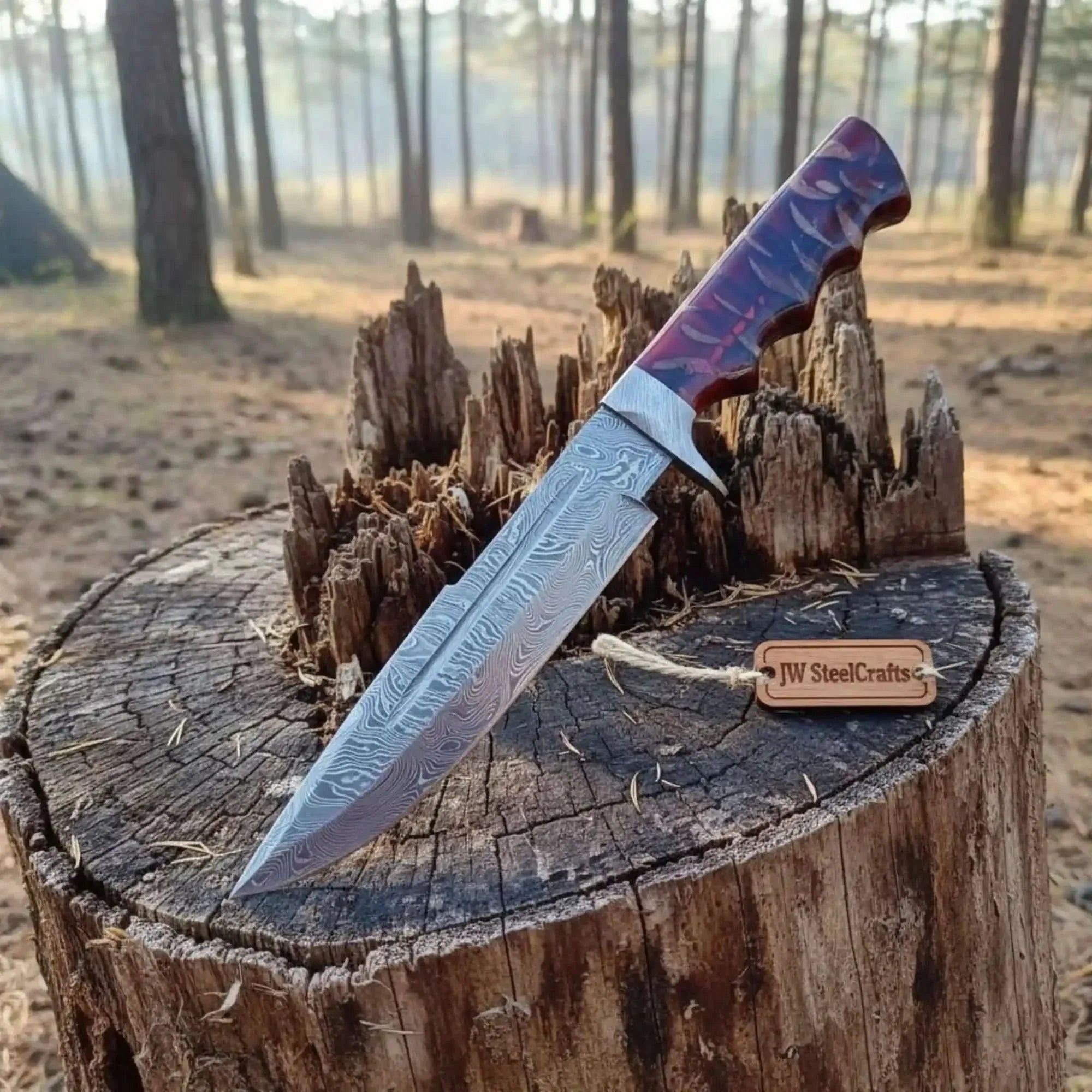 Handcrafted Coffin Handle Bowie Knife in Twisted Damascus Steel by JW SteelCrafts, Damascus knife main product photo