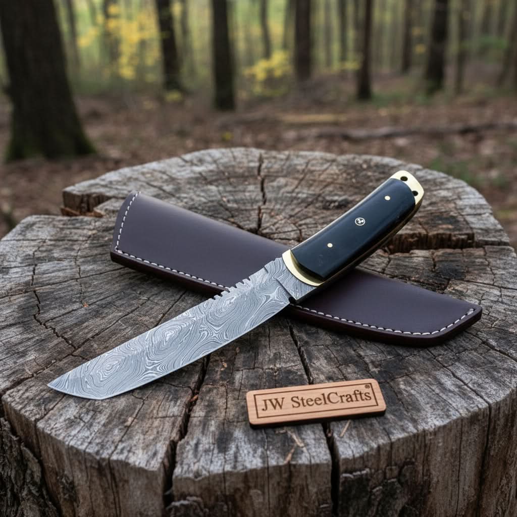 Custom tactical Tanto knife, damascus knife, Tanto by JW SteelCrafts, Damascus knife main product photo