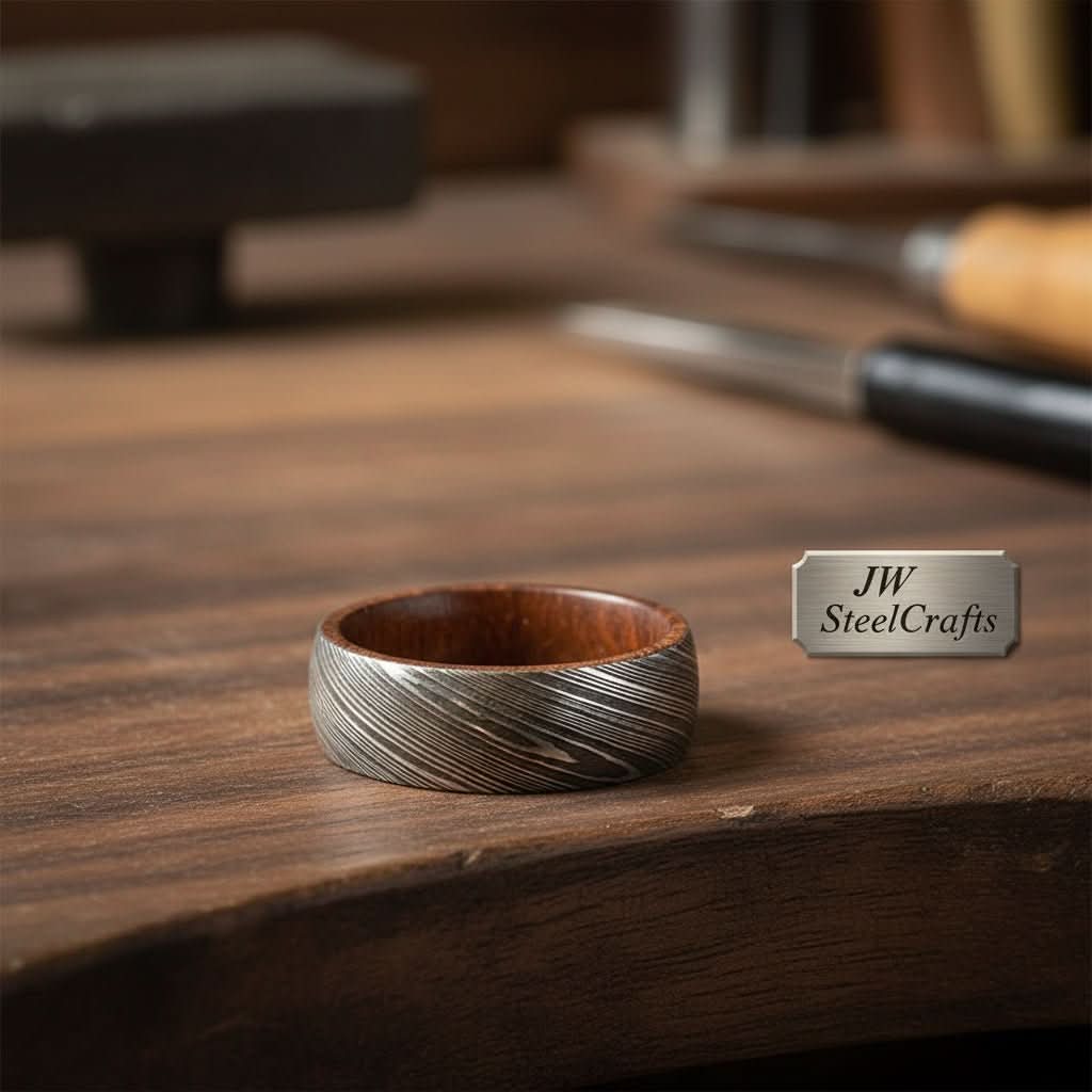 Mens Damascus Steel Wedding Band With Wood Liner Handmade Ring by JW SteelCrafts, handmade jewelry detail photo 2