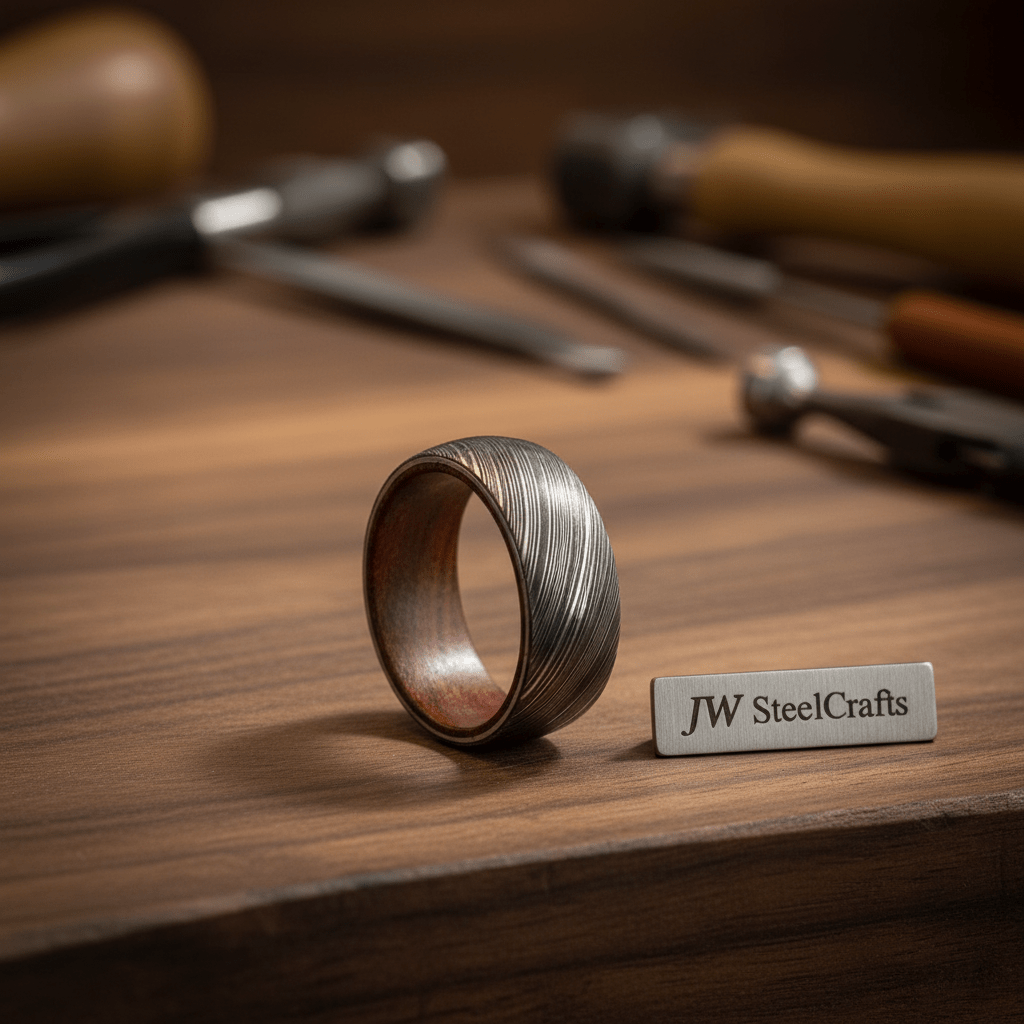 Mens Damascus Steel Wedding Band With Wood Liner Handmade Ring by JW SteelCrafts, handmade jewelry main product photo