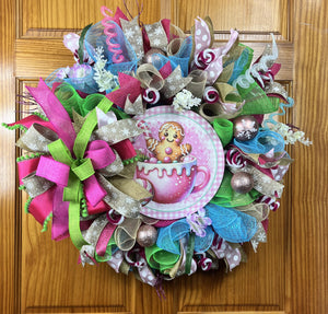 Pink Gingerbread Hot Cocoa Wreath | Christmas Door Decor by Bouge Creations, view 4