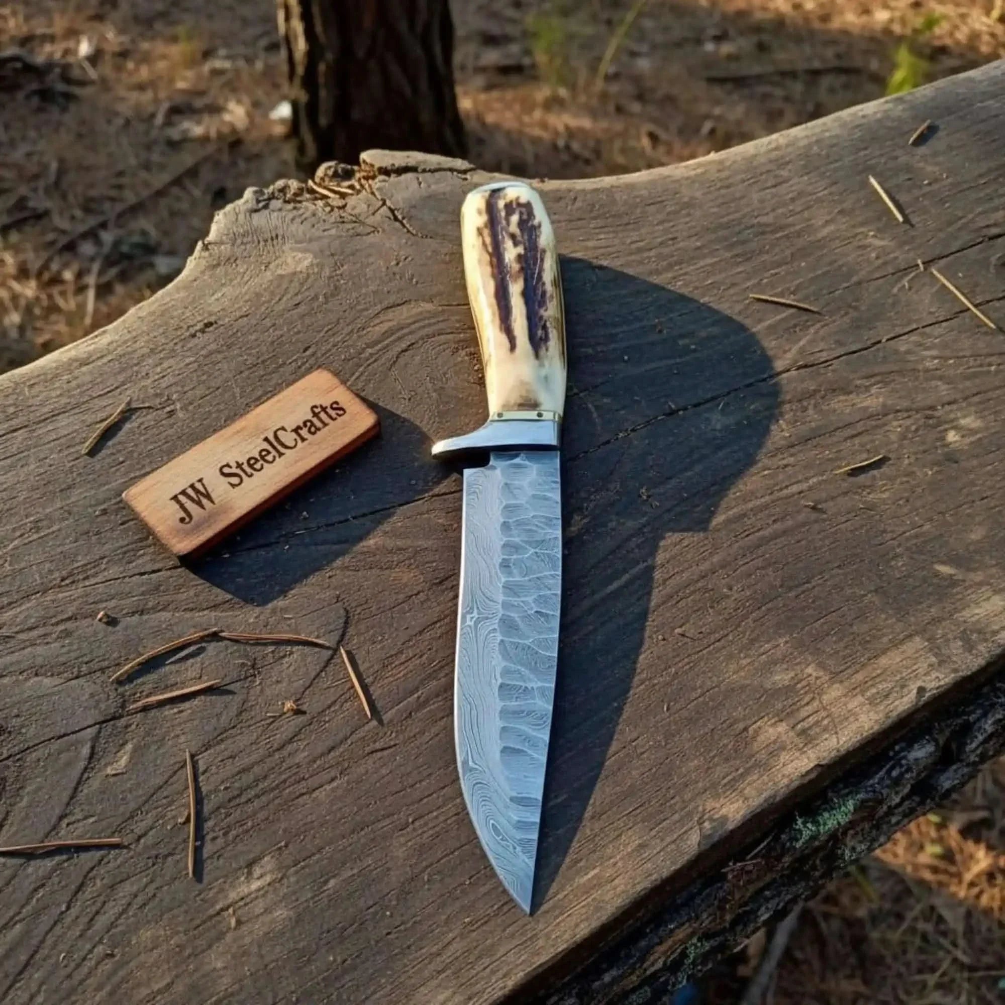 Frontier Bowie Knife Damascus Steel Clip Point Stag Handle Fixed Blade Hunting Knife by JW SteelCrafts, Damascus knife main product photo