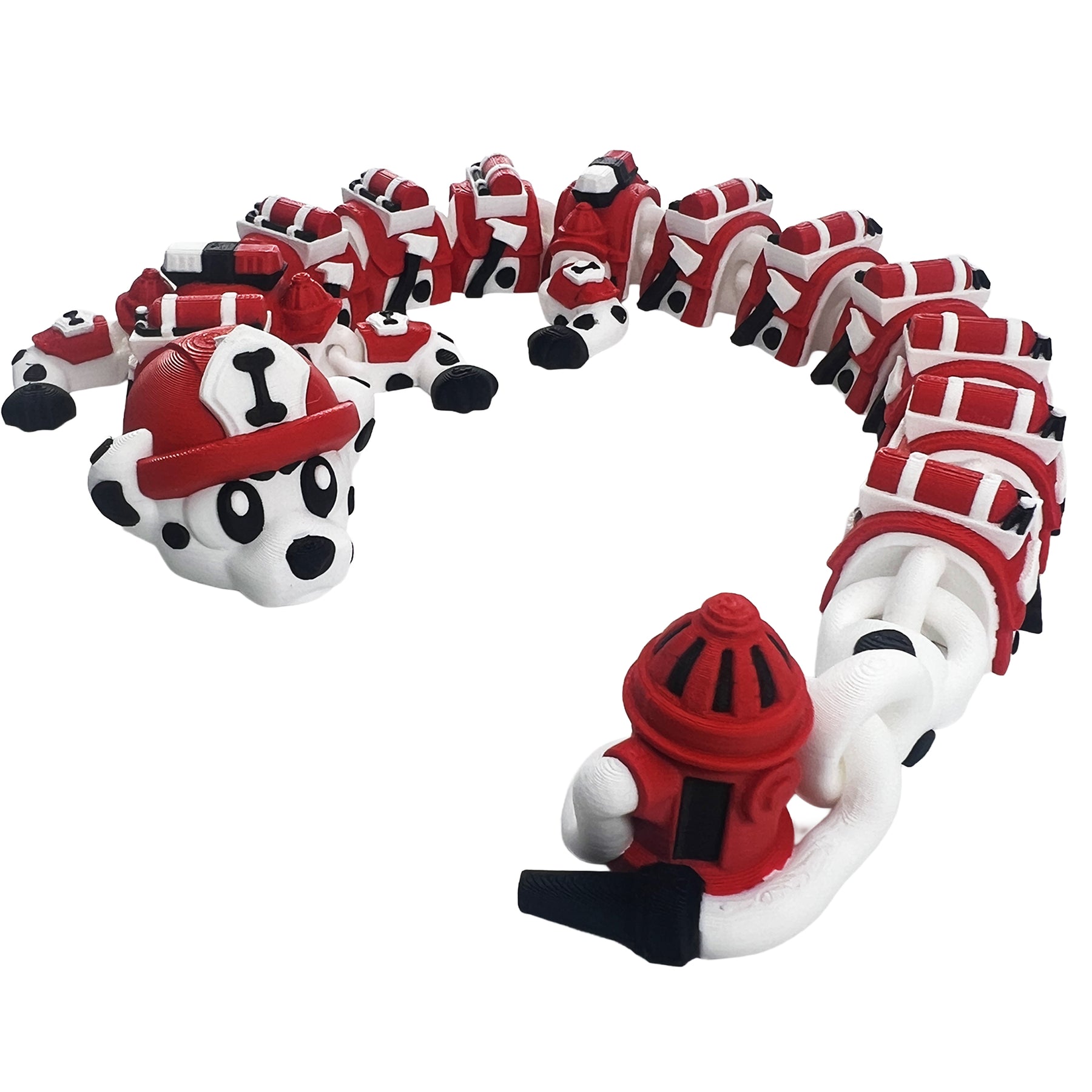 Dalmatian firefighter dragon articulated 3D printed flexi dragon in a wide curled pose with hydrant tail