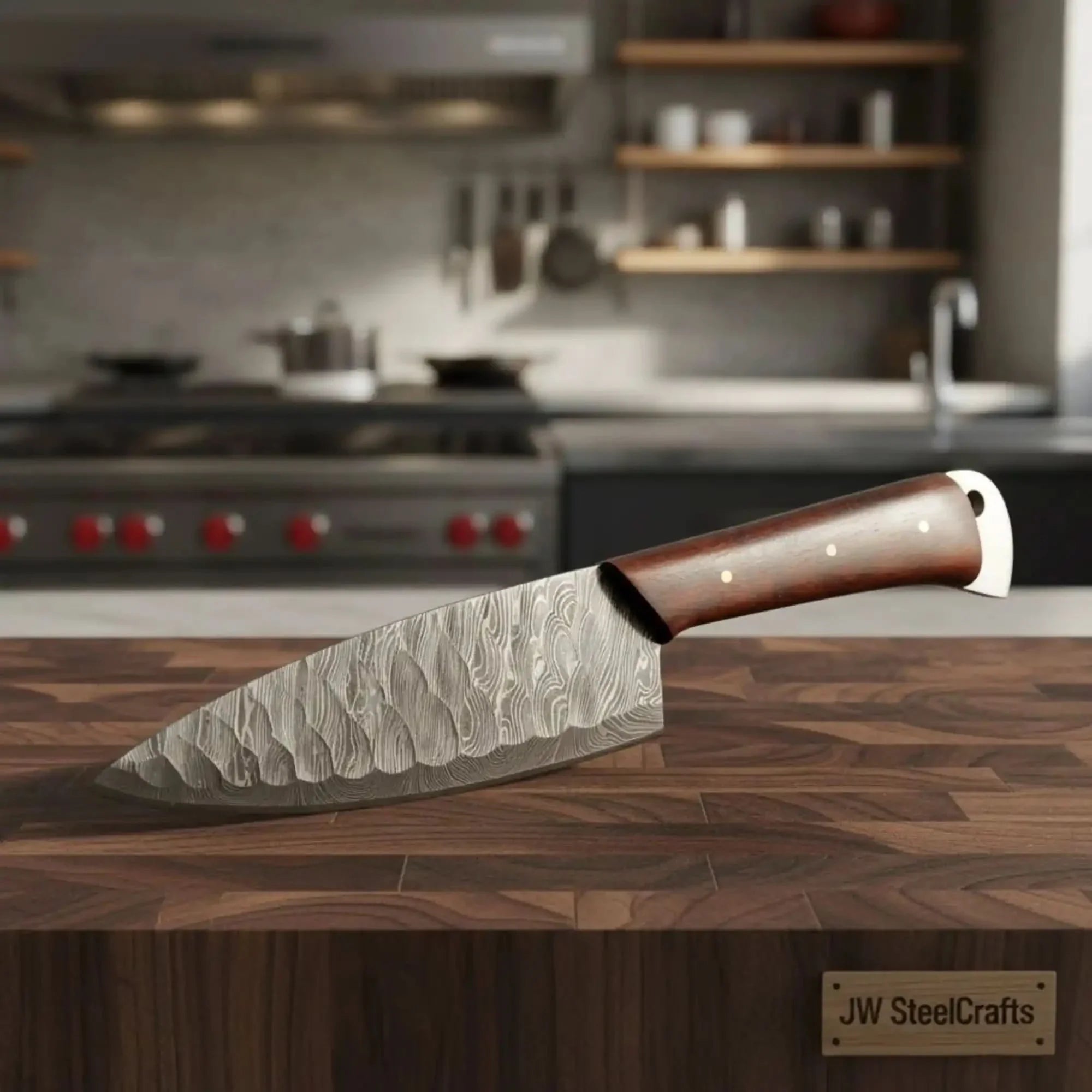 7 Inch Hammered Damascus Chef Knife – Hand Forged with Rosewood Handle by JW SteelCrafts, Damascus knife main product photo