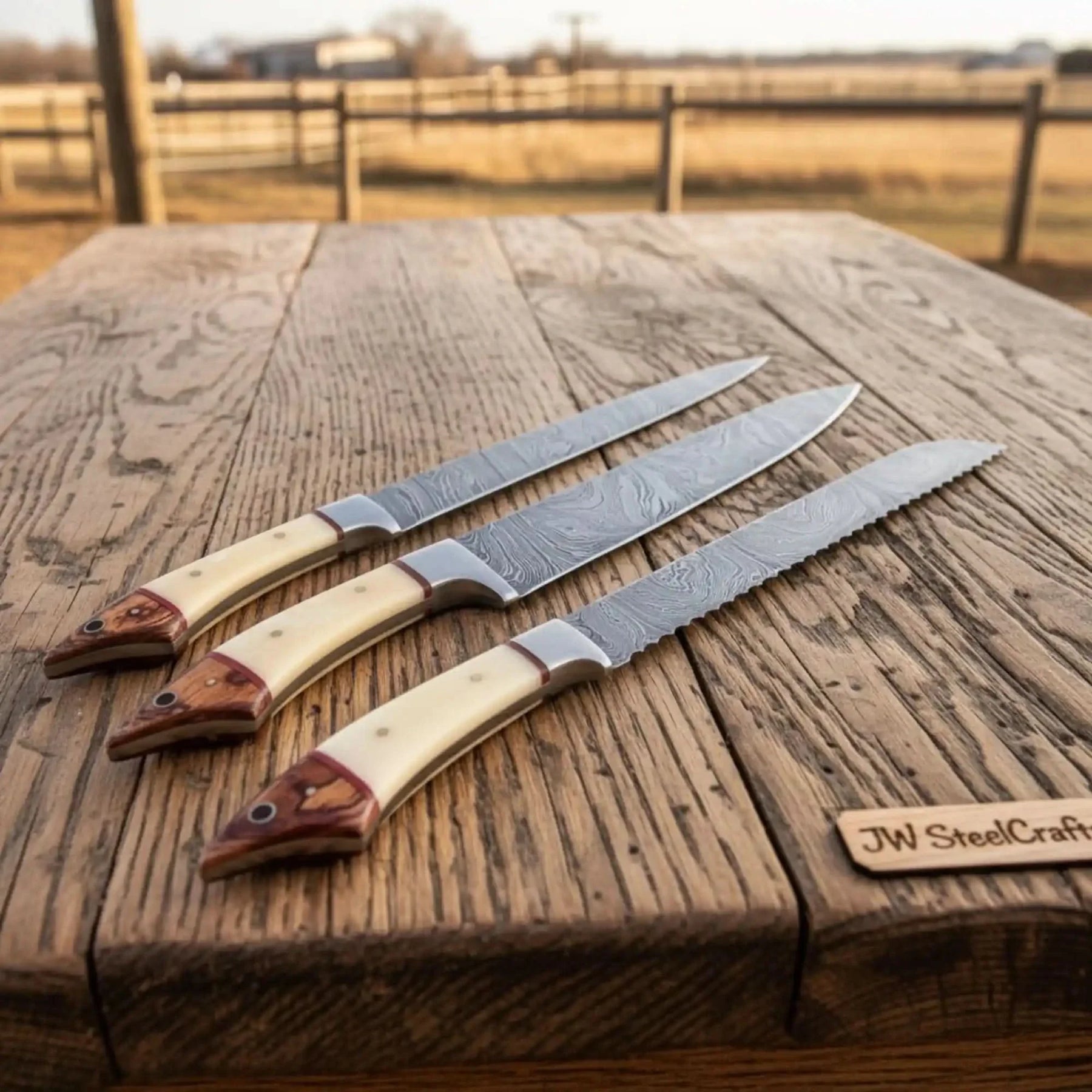 Handmade Damascus Steel Kitchen Knife Set with Bone and Wood Handles