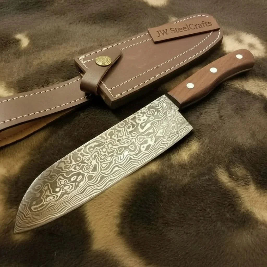 Pattern-Welded Damascus Drop Point Hunter — Full Tang, Rose wood, Premium Leather Sheath by JW SteelCrafts, leather knife sheath main product photo