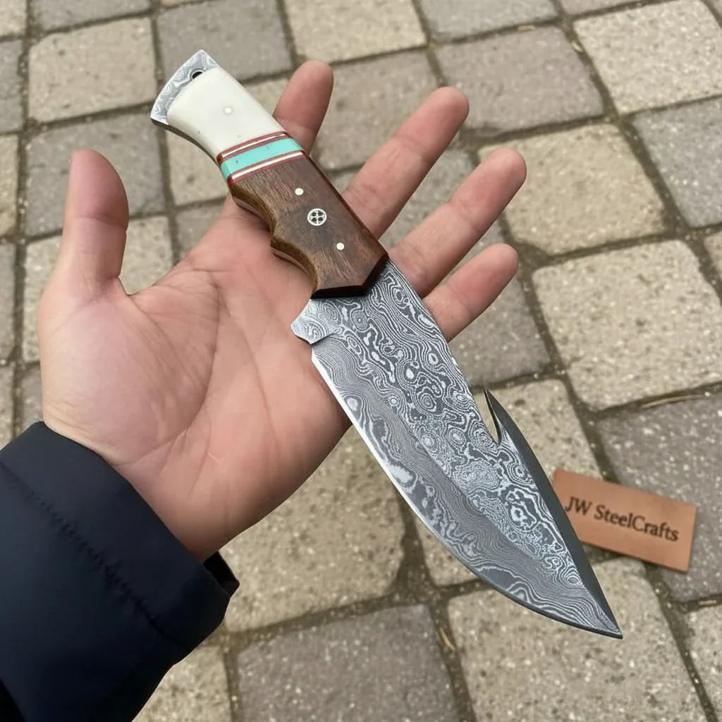 Damascus Gut Hook Hunting Knife — Bone, Turquoise Resin & Rosewood Handle by JW SteelCrafts, Damascus knife main product photo