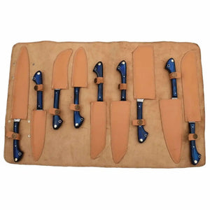 9-Piece Damascus Kitchen Knife Set with Leather Roll, Chef, Santoku, Nakiri, Bread, Utility, Boning and Paring Knives, Blue Handle Full Tang, JW SteelCrafts