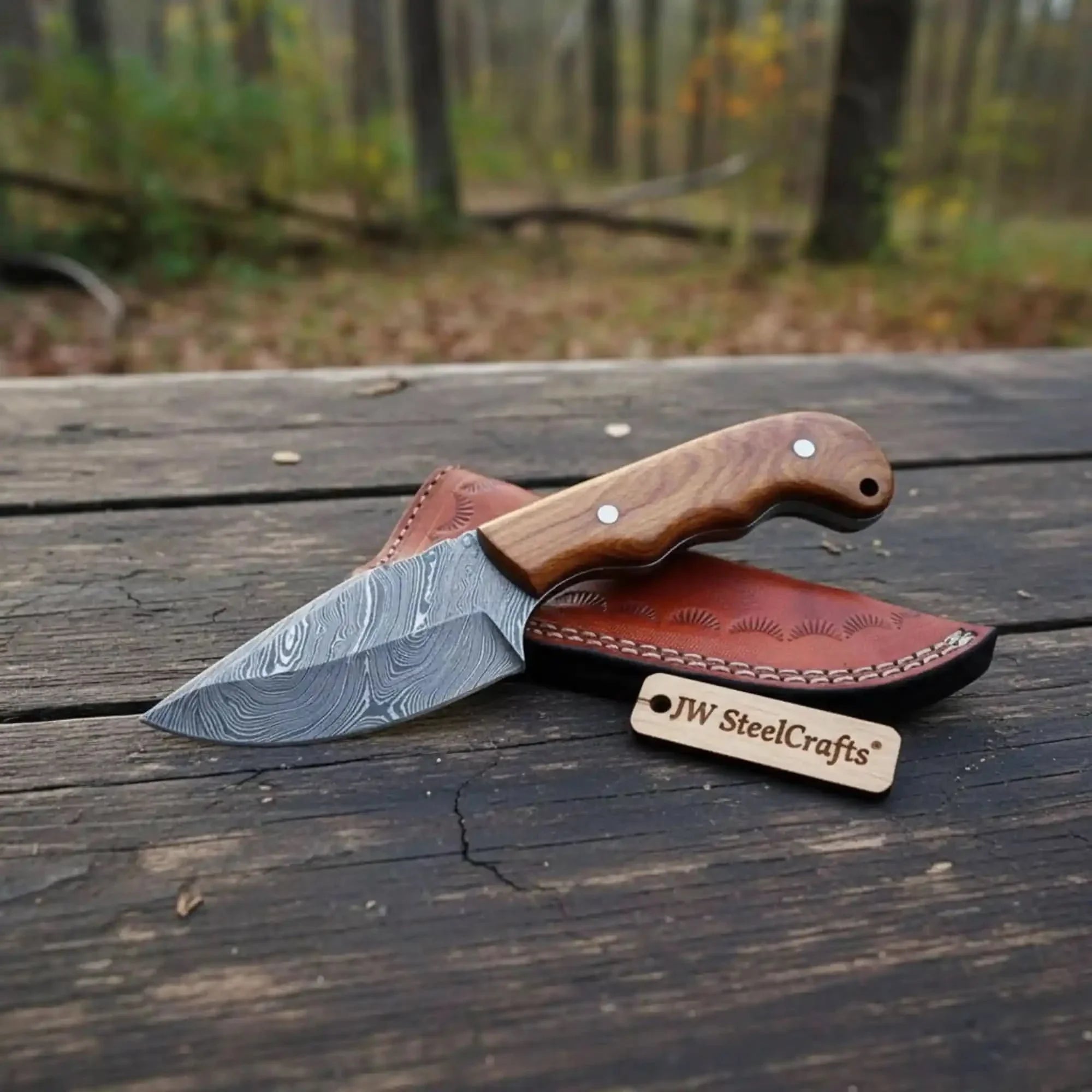 Damascus Drop Point Skinner Knife 3 Inch Blade Rosewood Handle Fixed Blade With Leather Sheath by JW SteelCrafts, leather knife sheath main product photo