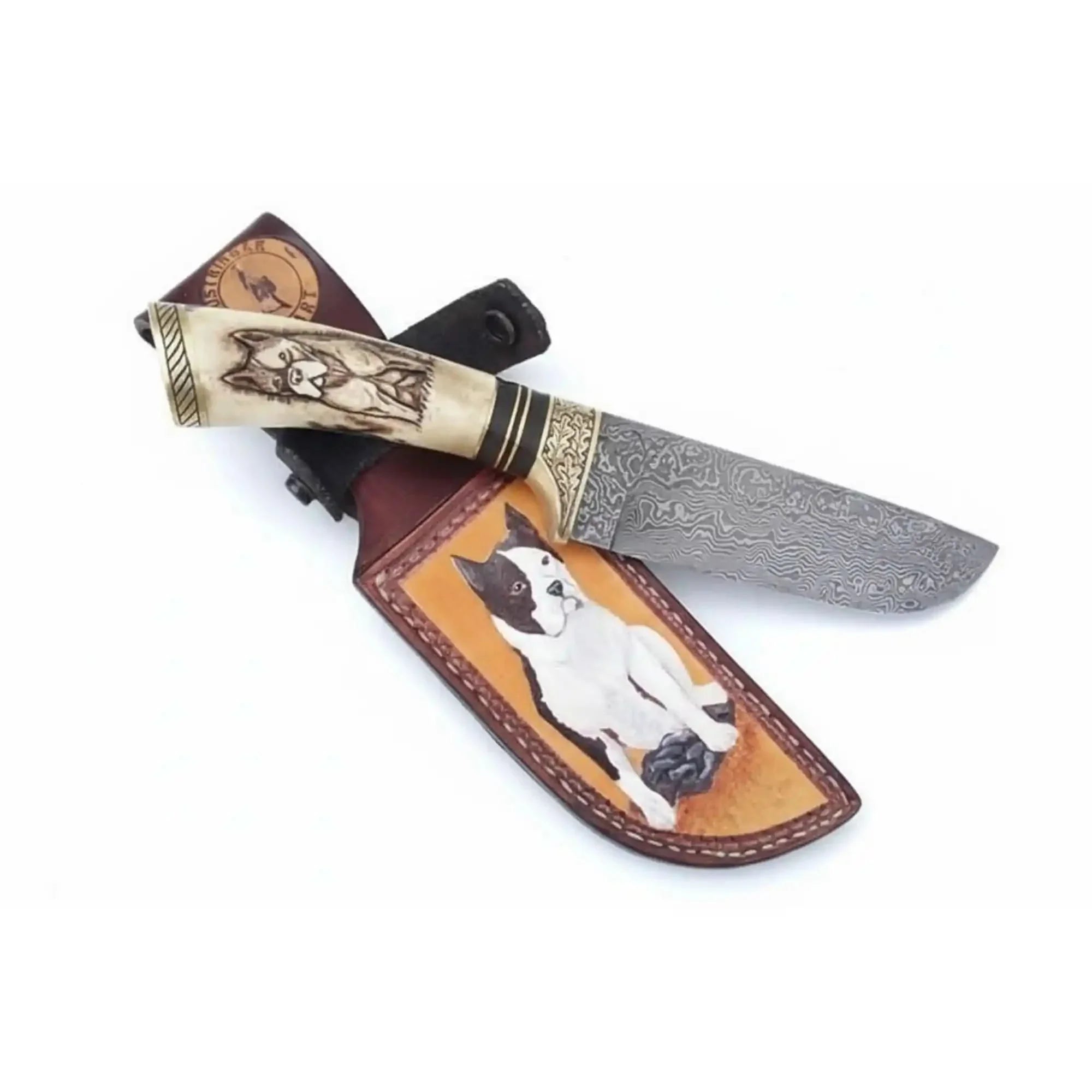 Damascus Steel Dog Engraved Bone Handle Hunting Skinner Knife – 10 Inch Overall l by JW SteelCrafts, Damascus knife main product photo