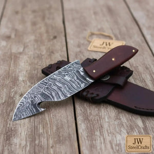 Damascus Steel Gut Hook Knife with Brown Micarta Handle by JW SteelCrafts