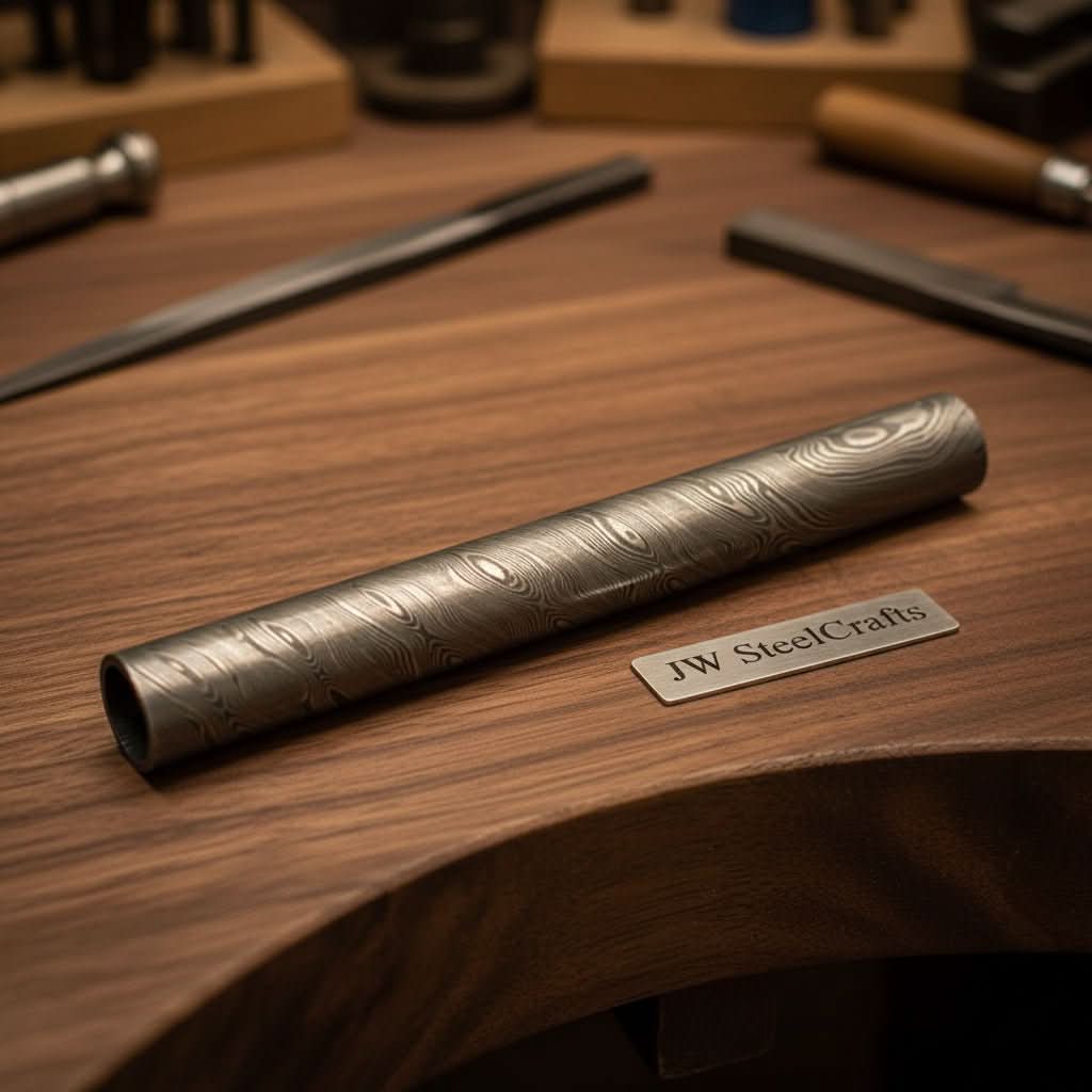 10 Inch Damascus Steel Round Bar Rod for Rings Pens Buckles Jewelry Making by JW SteelCrafts, handmade jewelry main product photo