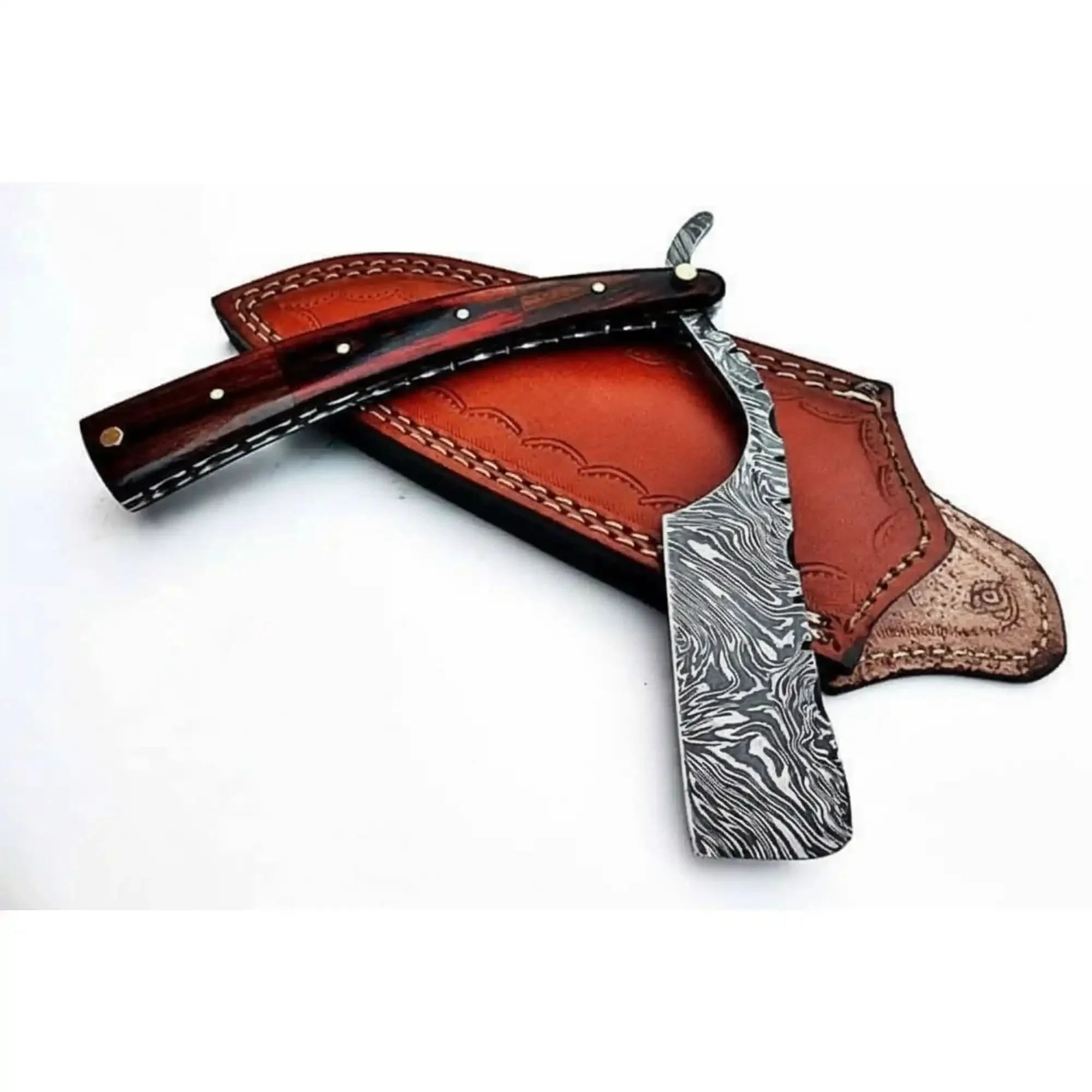Damascus Steel Straight Barber Razor with Multicolor Wood Handle by JW SteelCrafts, Southern lifestyle apparel detail photo 2
