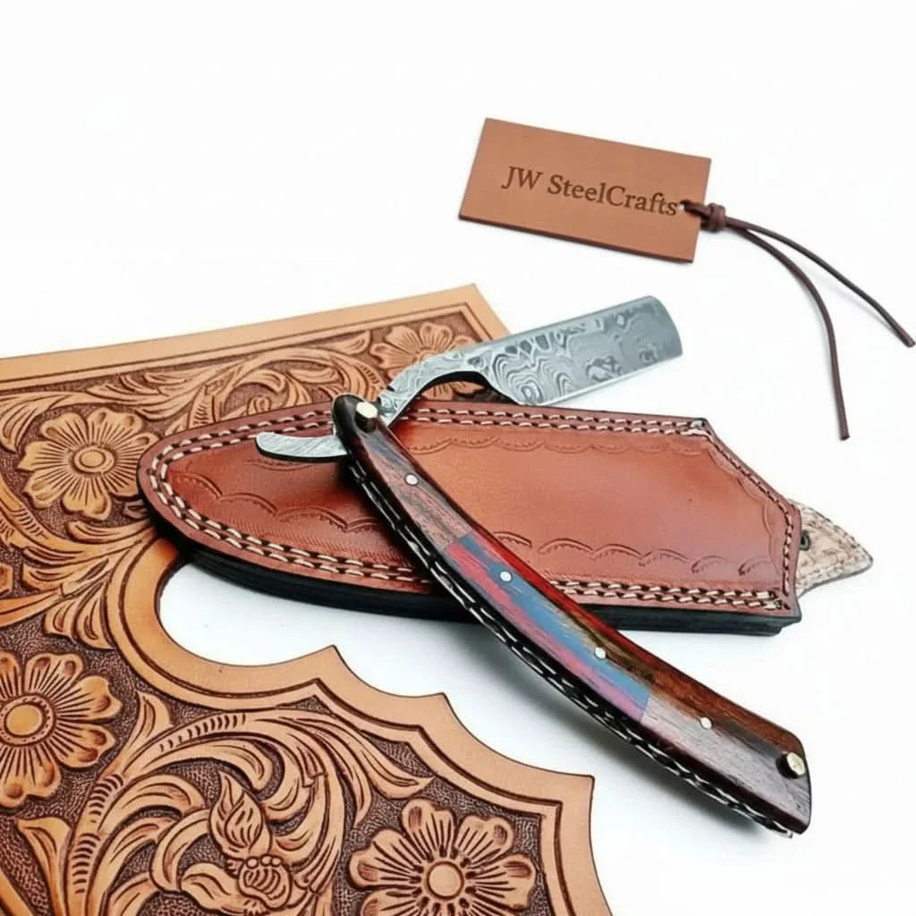 Damascus Steel Straight Barber Razor with Multicolor Wood Handle by JW SteelCrafts, Southern lifestyle apparel main product photo