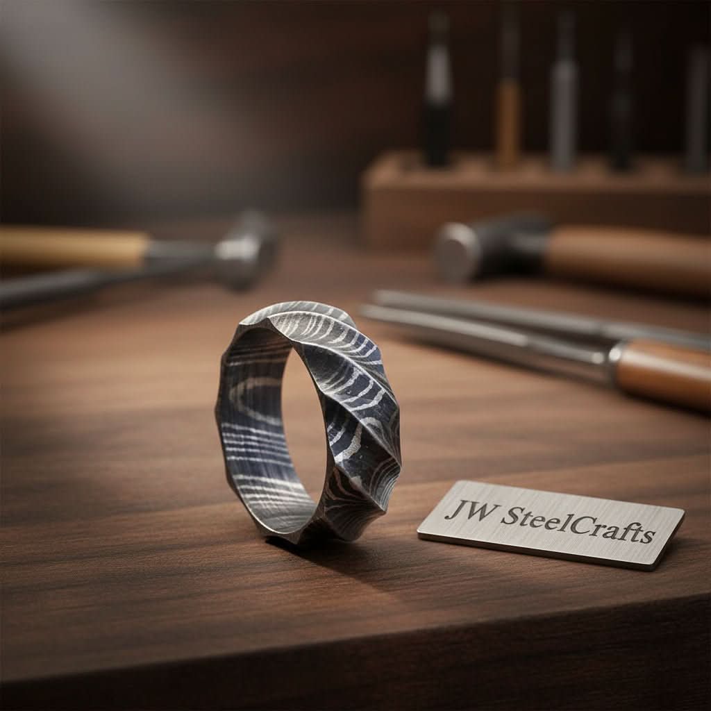 Mens Damascus Steel Twisted Faceted Wedding Band Handmade Ring by JW SteelCrafts, handmade jewelry main product photo