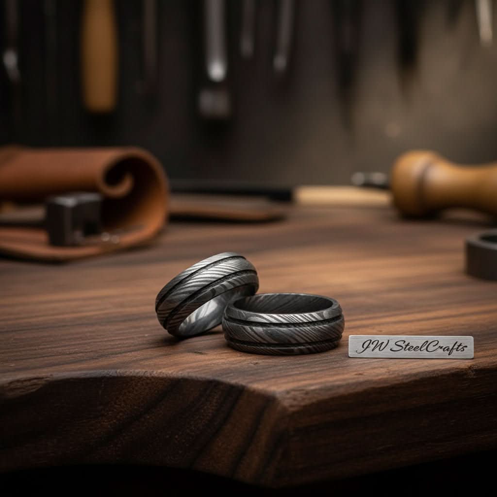 Damascus Steel Wedding Band Set for Couples Twisted Damascus Rings by JW SteelCrafts, handmade jewelry detail photo 2