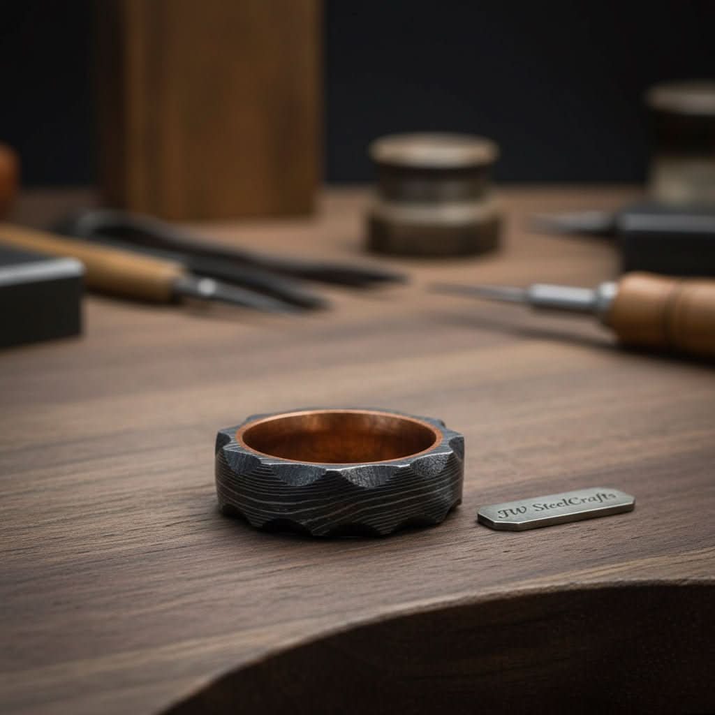 Damascus Steel Wedding Ring Hammered Texture with Copper Inner Band by JW SteelCrafts, handmade jewelry detail photo 2