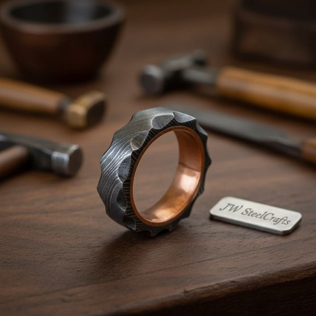 Damascus Steel Wedding Ring Hammered Texture with Copper Inner Band by JW SteelCrafts, handmade jewelry main product photo
