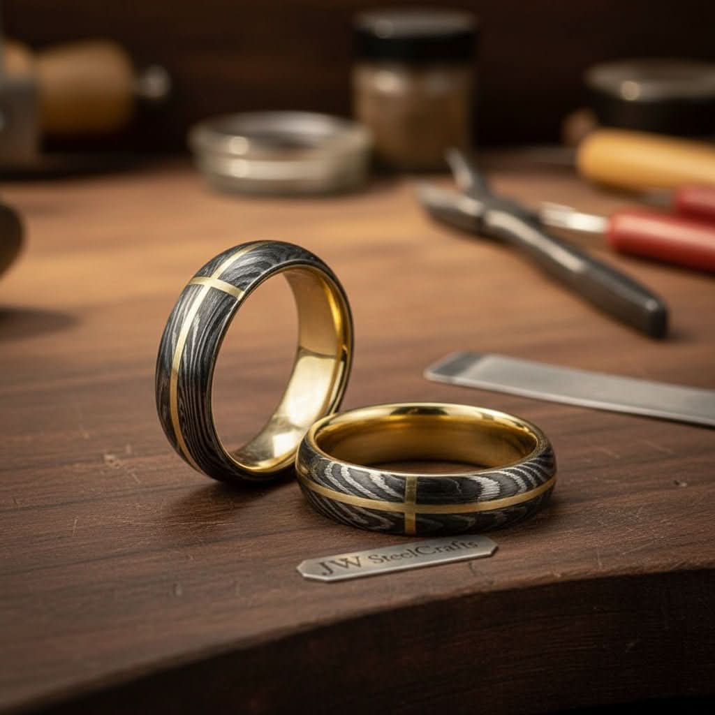 Damascus Steel Wedding Ring Set Brass Cross Inlay Couple Bands by JW SteelCrafts, handmade jewelry main product photo
