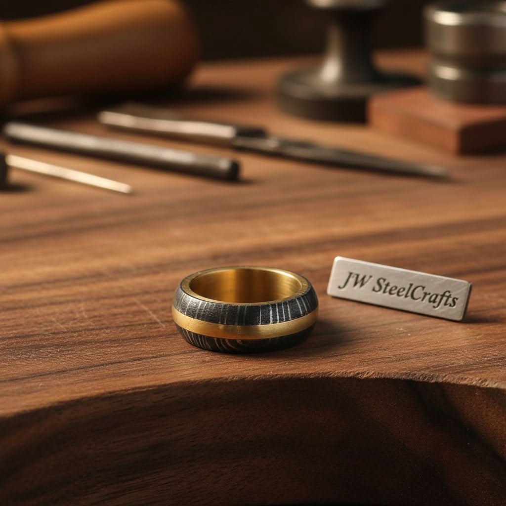 Damascus Steel Wedding Ring Twisted Pattern with Brass Inlay Band by JW SteelCrafts, handmade jewelry main product photo