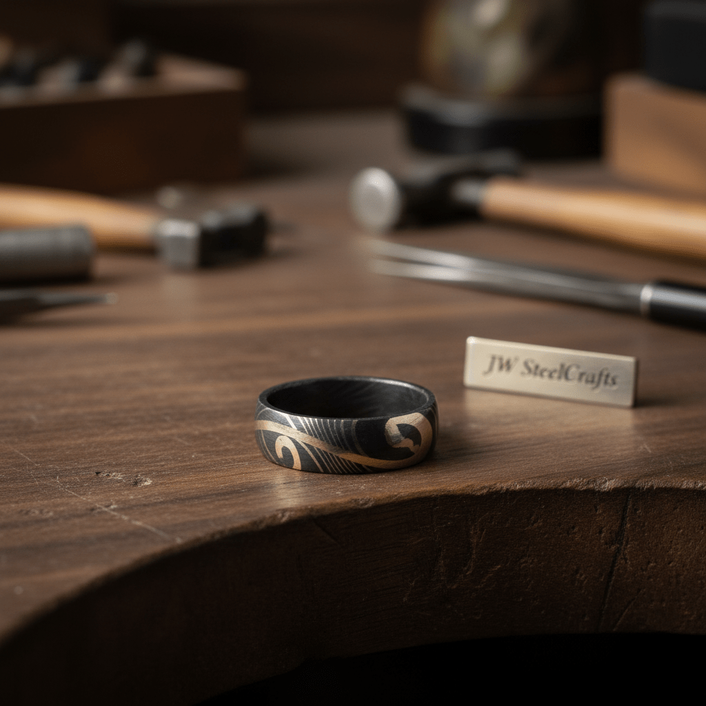 Damascus Steel Wedding Ring with Brass Swirl Inlay Band by JW SteelCrafts, handmade jewelry detail photo 2